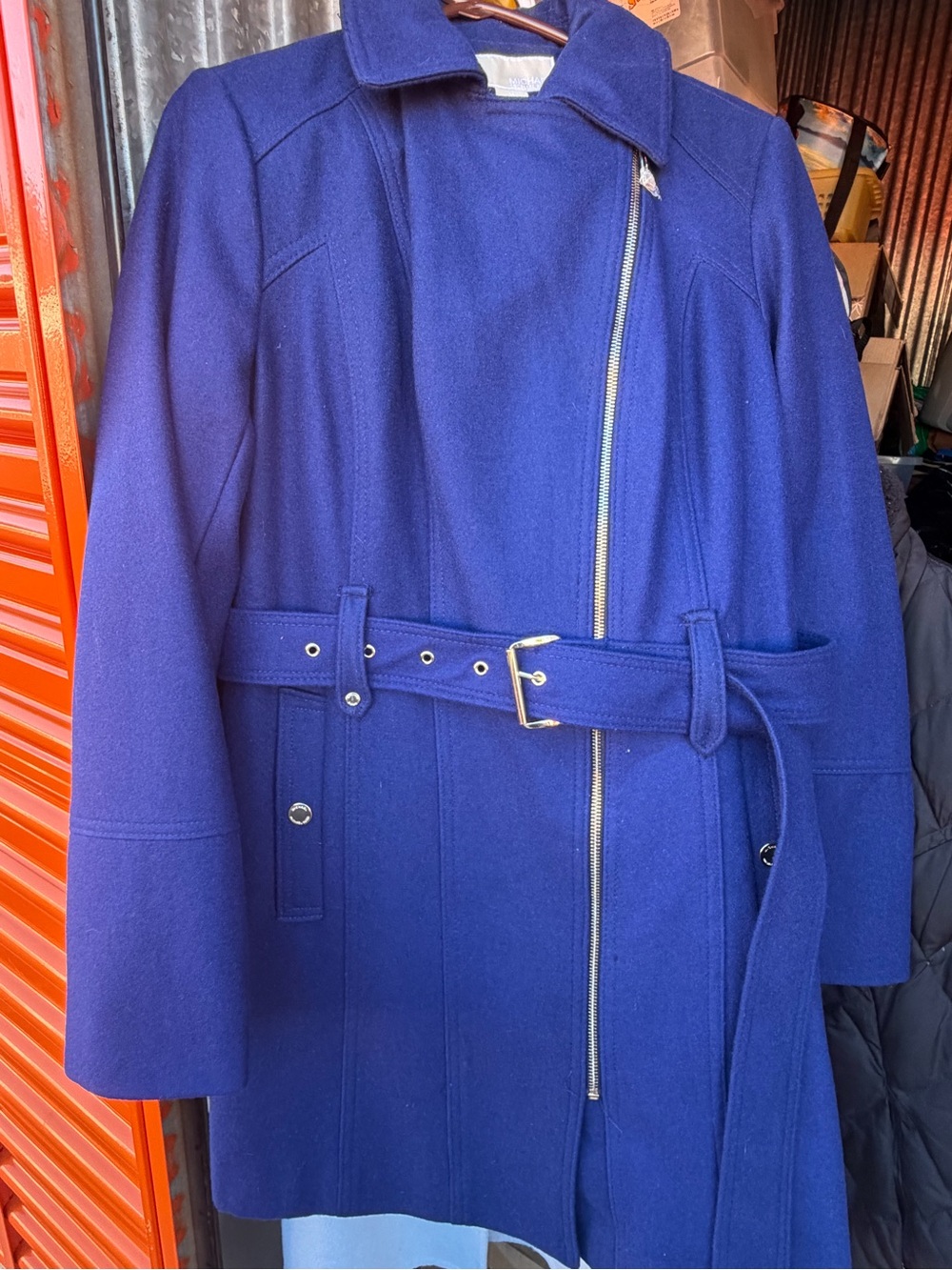 Michael Kors Royal Blue Belted and Hooded Wool Trench Coat